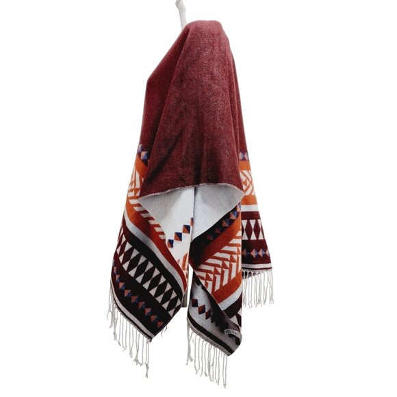 Loft Outlet Reversible Wrap Poncho With Fringe Geometric Print  one Size - Picture 10 of 12